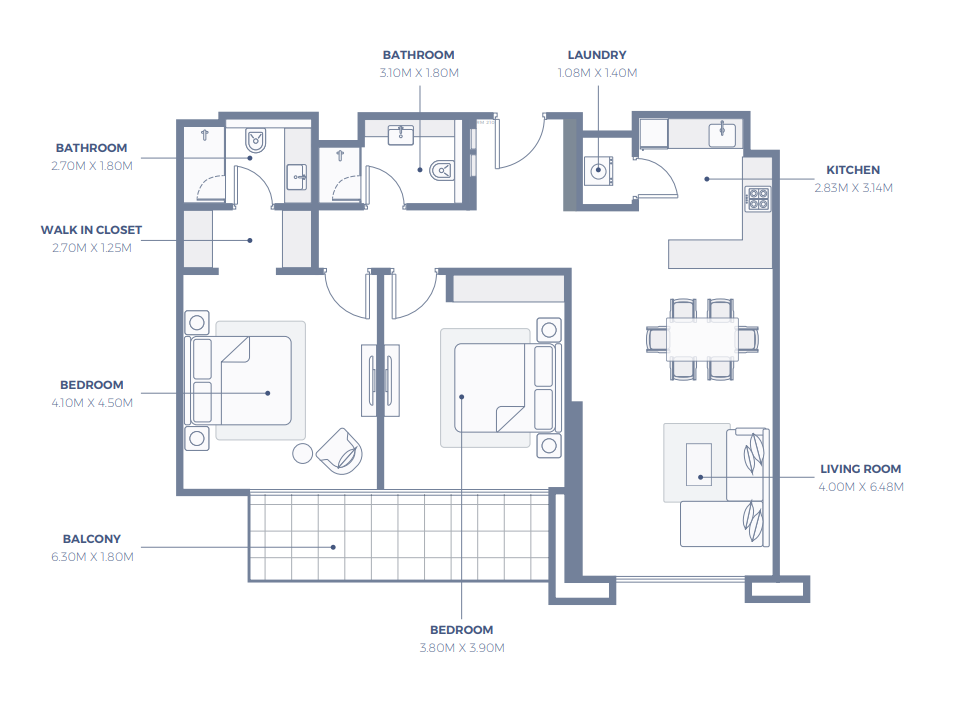 2 Bedroom Apartment | Floor Plan | Azizi Central, Al Furjan