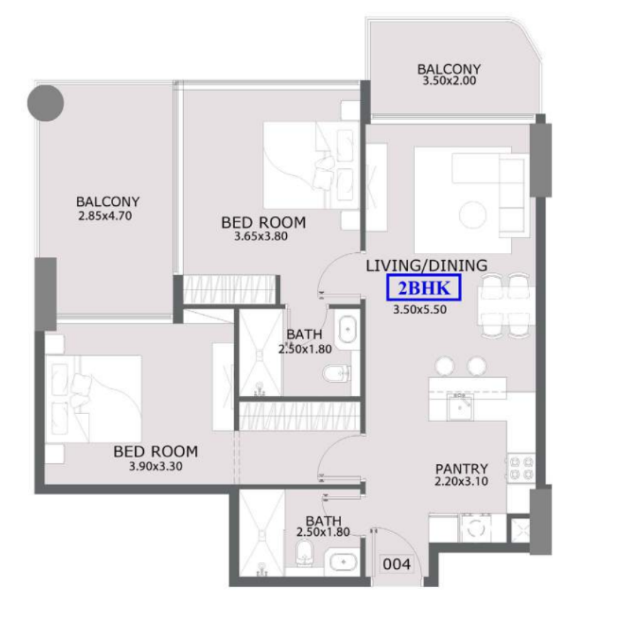 2 Bedroom Floor Plan – Dual Balcony Corner Layout
