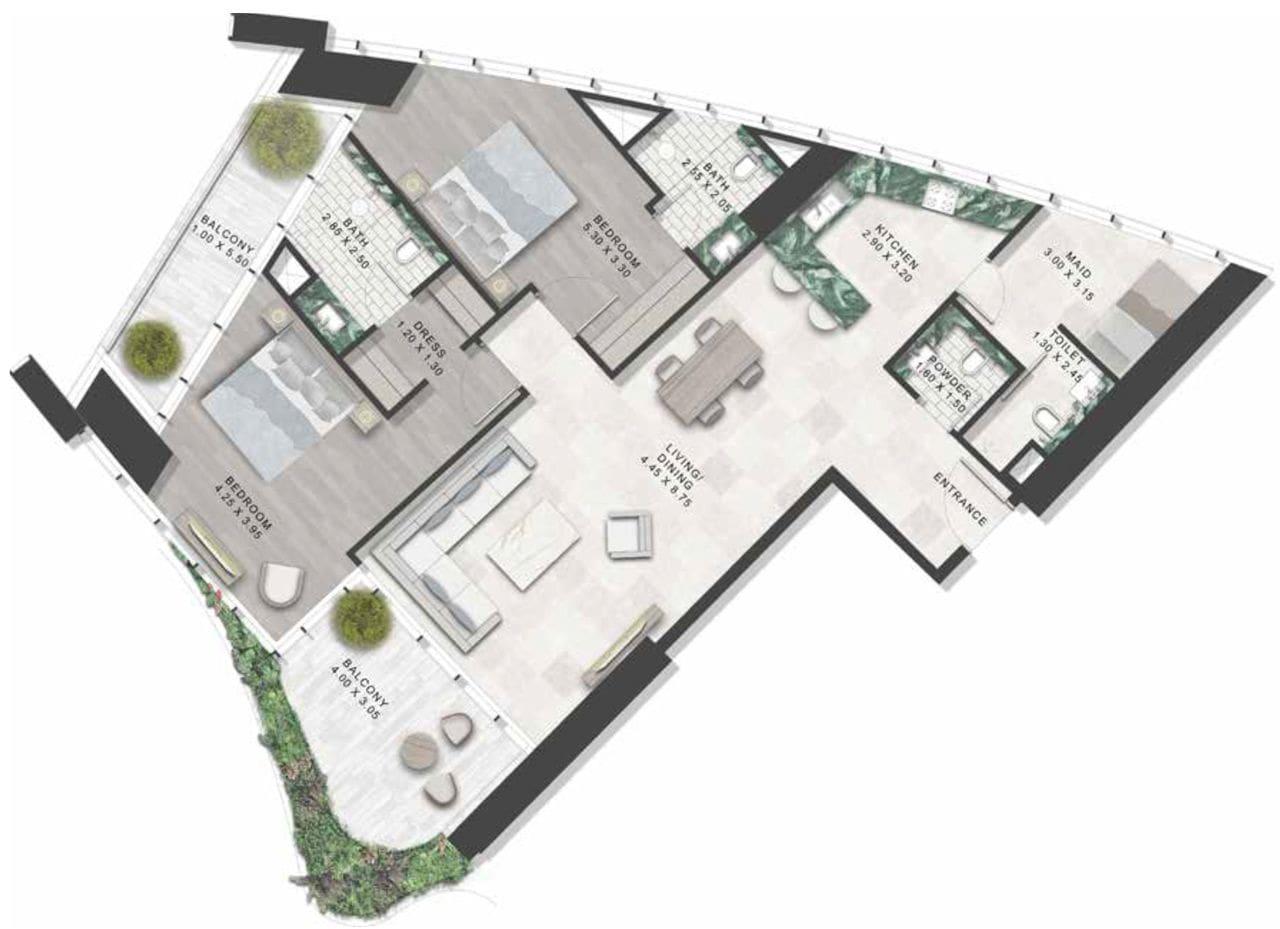 2 Bedroom | 3402.9 sq. ft. | Two Floors | Community + Partial Park View