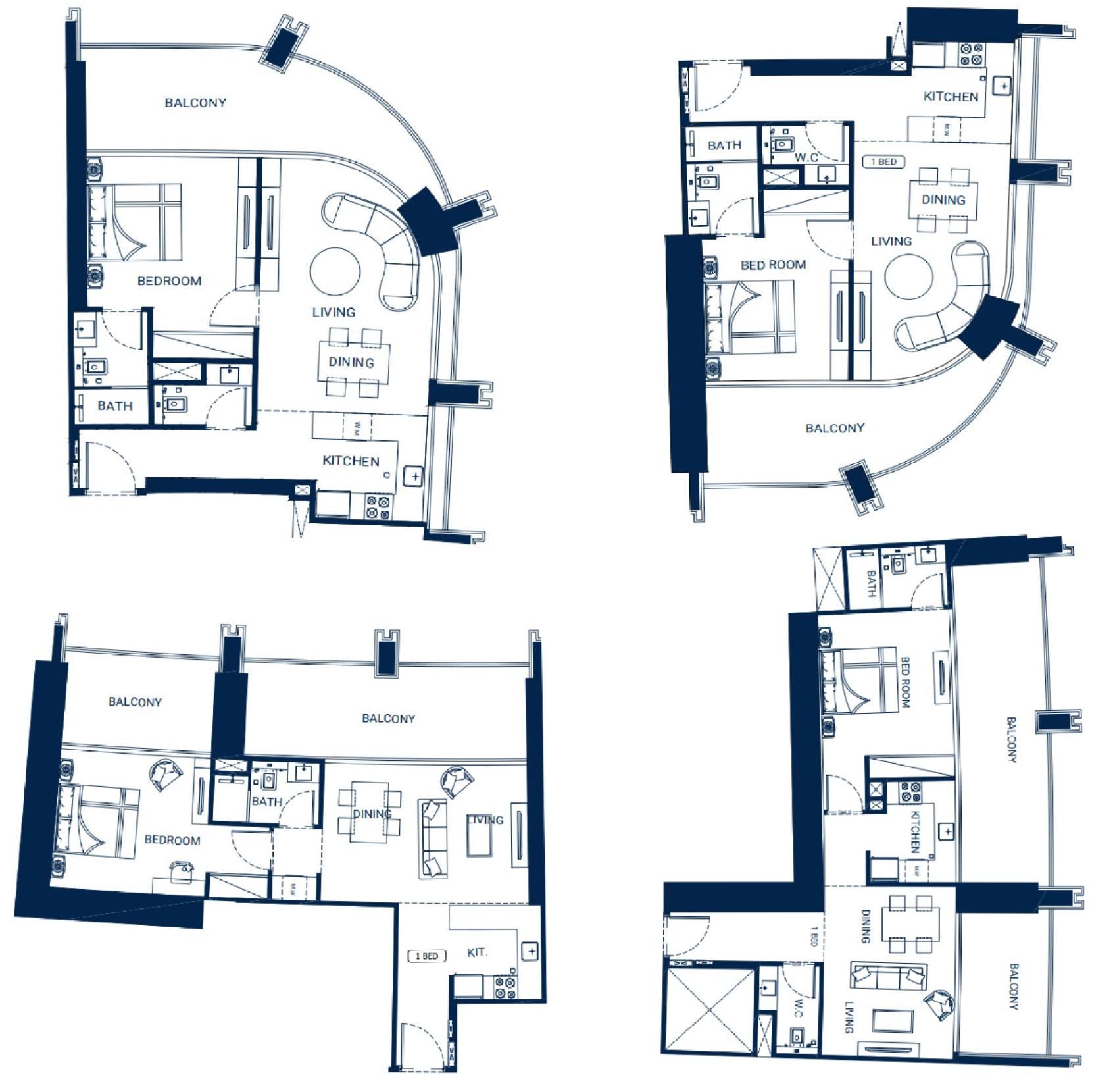 1 Bedroom Floor Plan – Sky Rise Tower | Curved Balcony | Open Living Concept | Business Bay